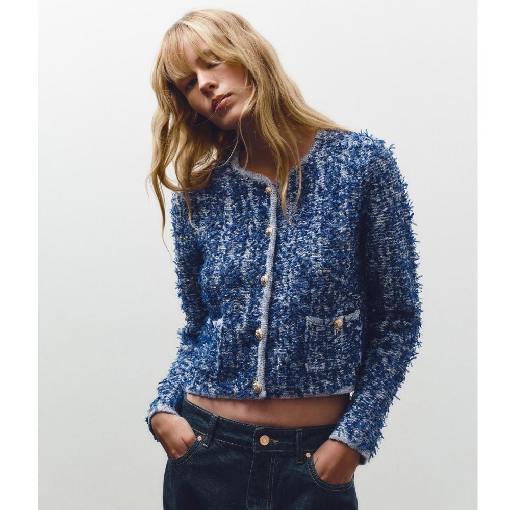 Zara Cable knit jacket Navy Tweed Blazer with Gold Buttons M L NWT